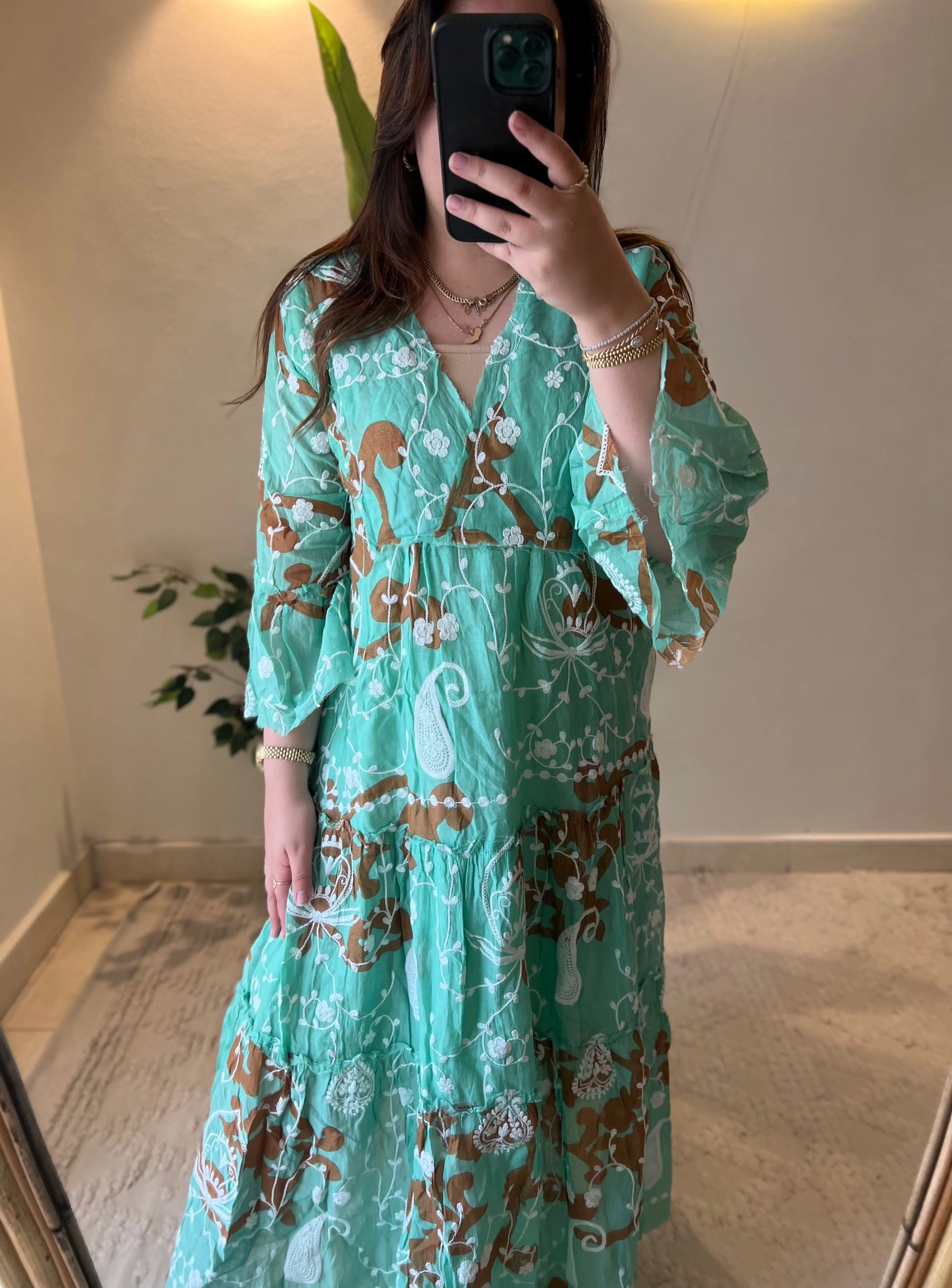 The French Aqua Brown Embroidered Paisley Dress - Image 6