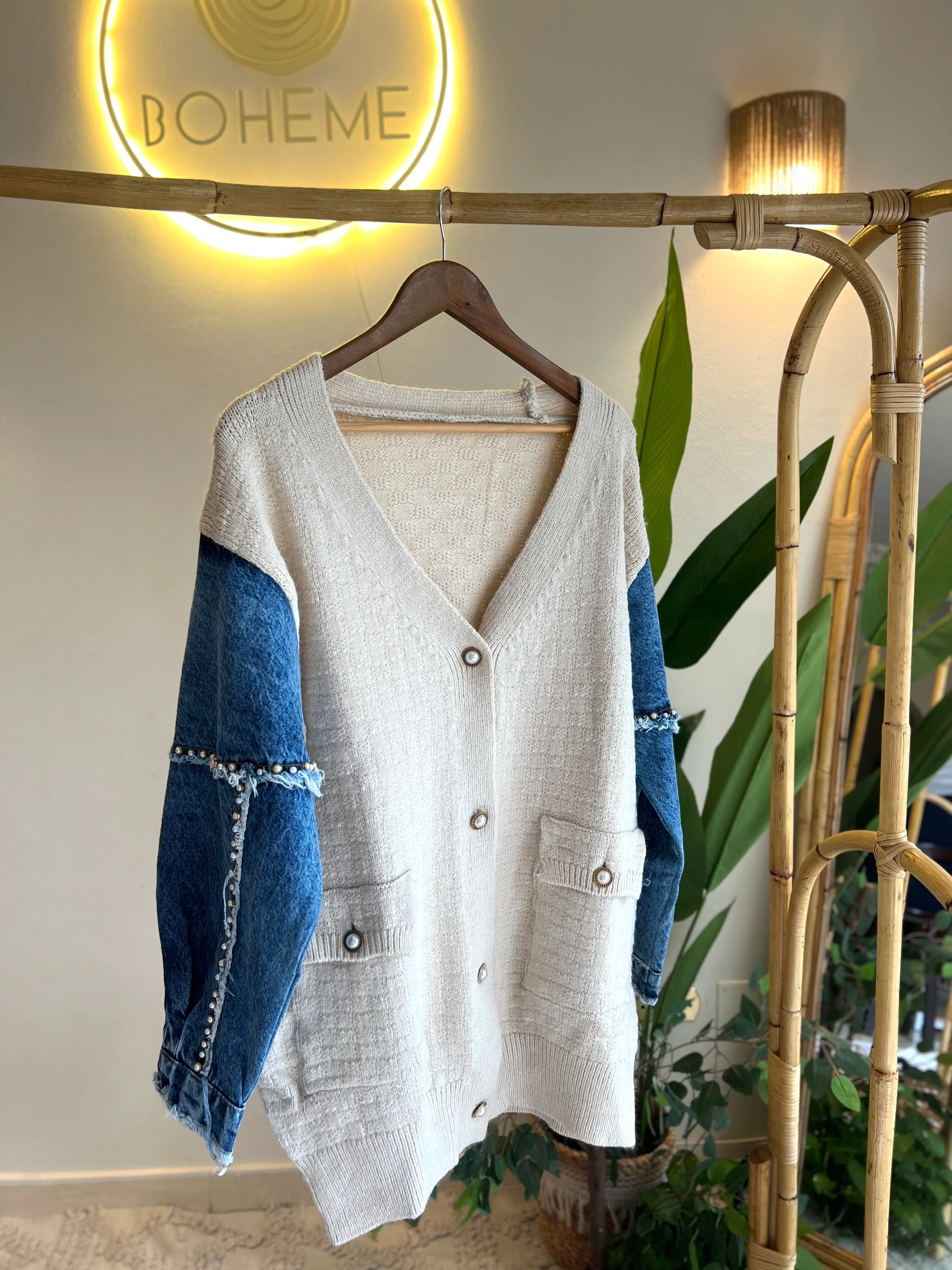 The Pearl Denim X Beige Triko Cardigan With Pockets - Image 3