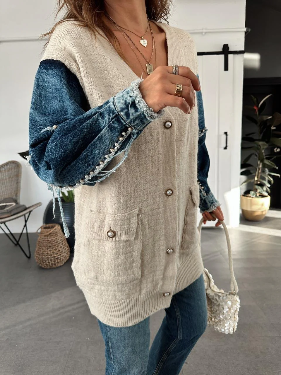 The Pearl Denim X Beige Triko Cardigan With Pockets - Image 5