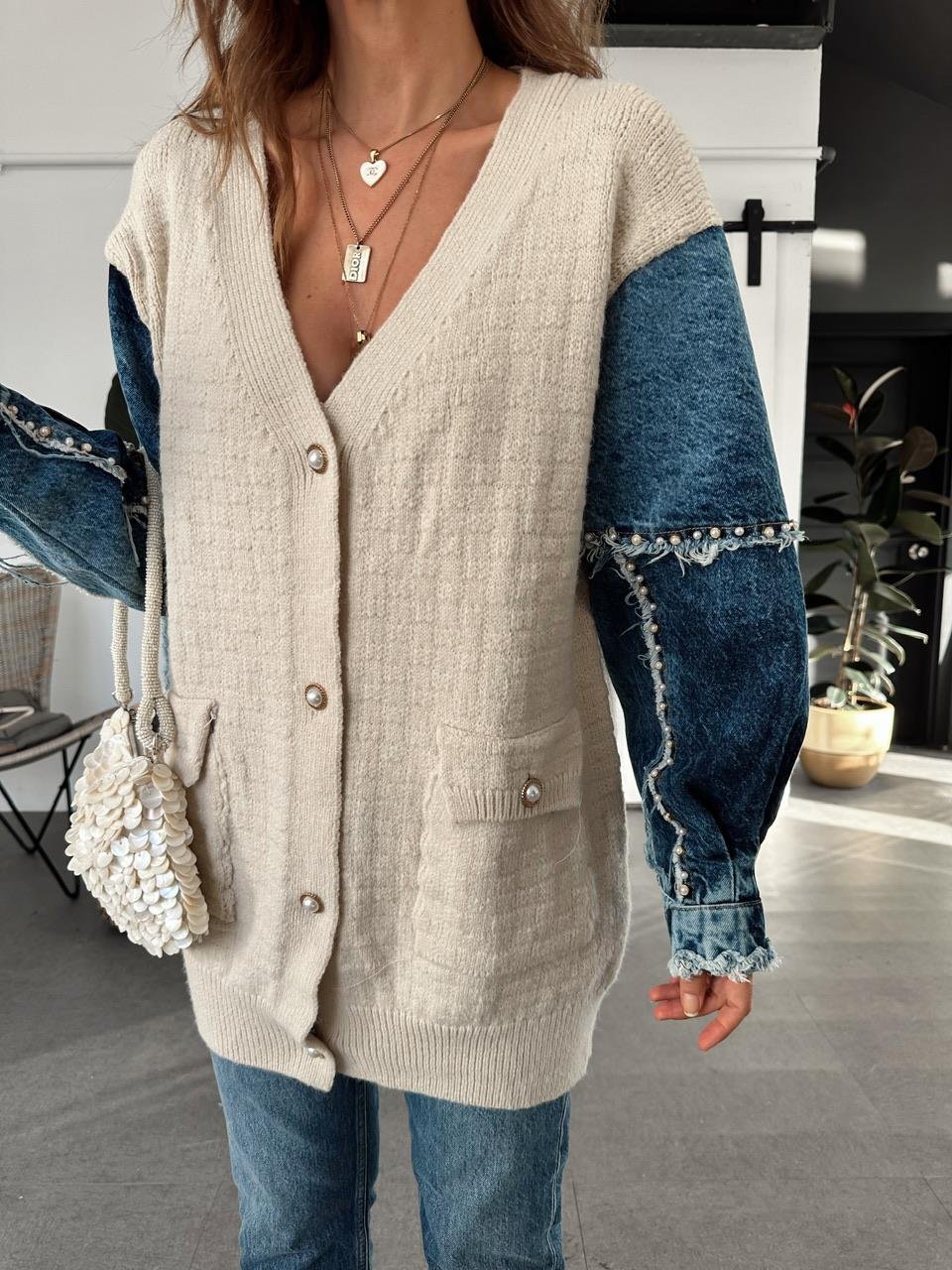 The Pearl Denim X Beige Triko Cardigan With Pockets - Image 6