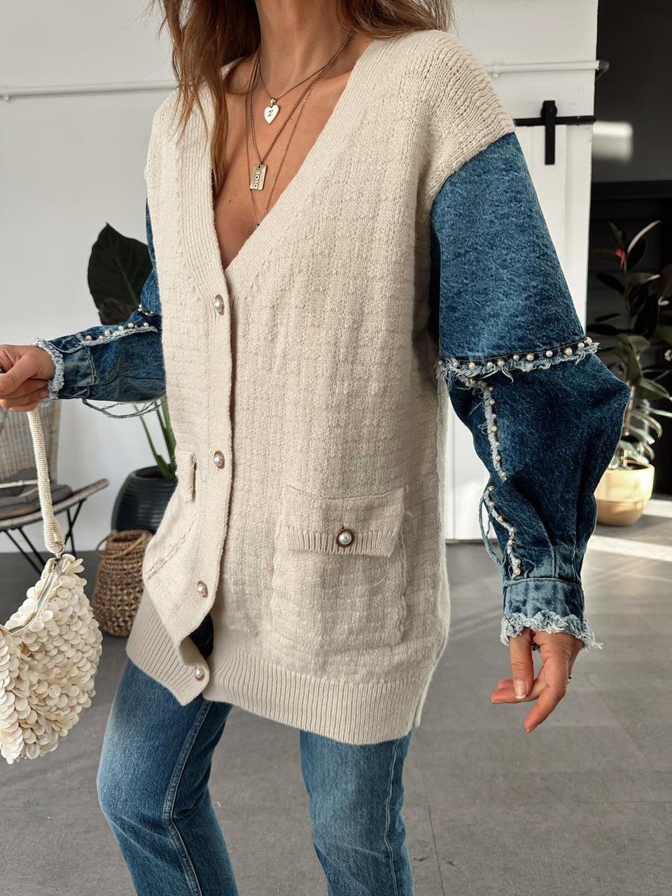 The Pearl Denim X Beige Triko Cardigan With Pockets - Image 7