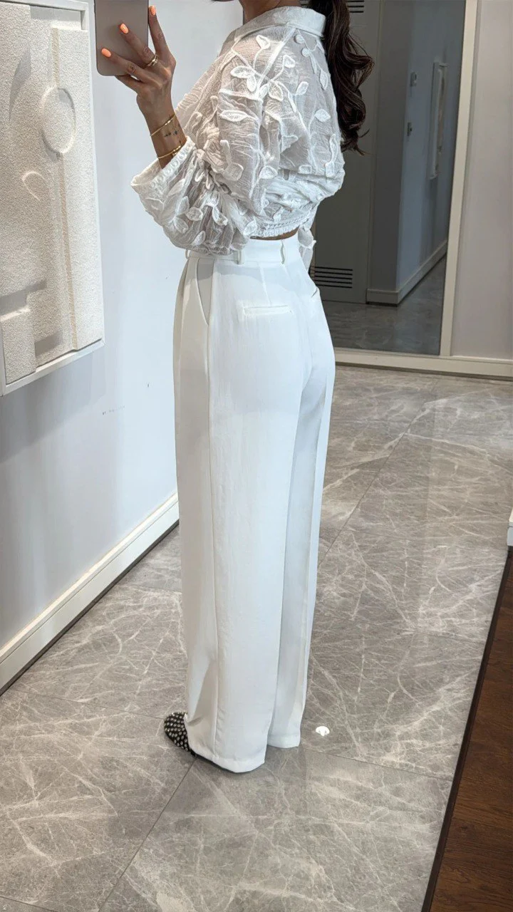White Classic Wide Leg Pants - Image 3