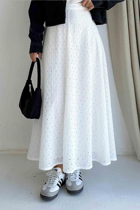 White Embroidered Cut Out Skirt - Image 5