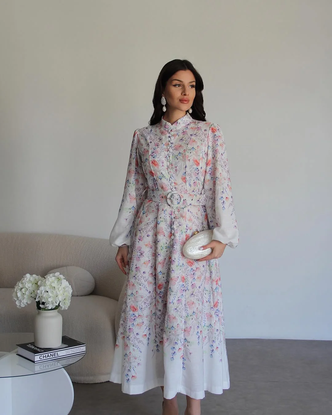 White Vintage Floral Linen Dress With Belt - Image 10