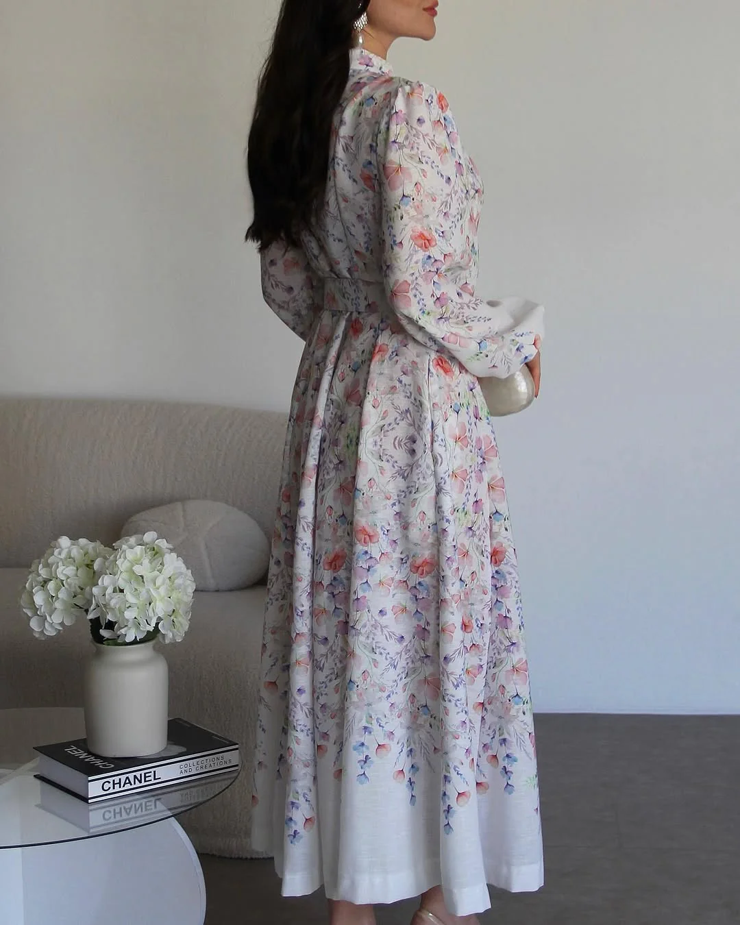 White Vintage Floral Linen Dress With Belt - Image 12