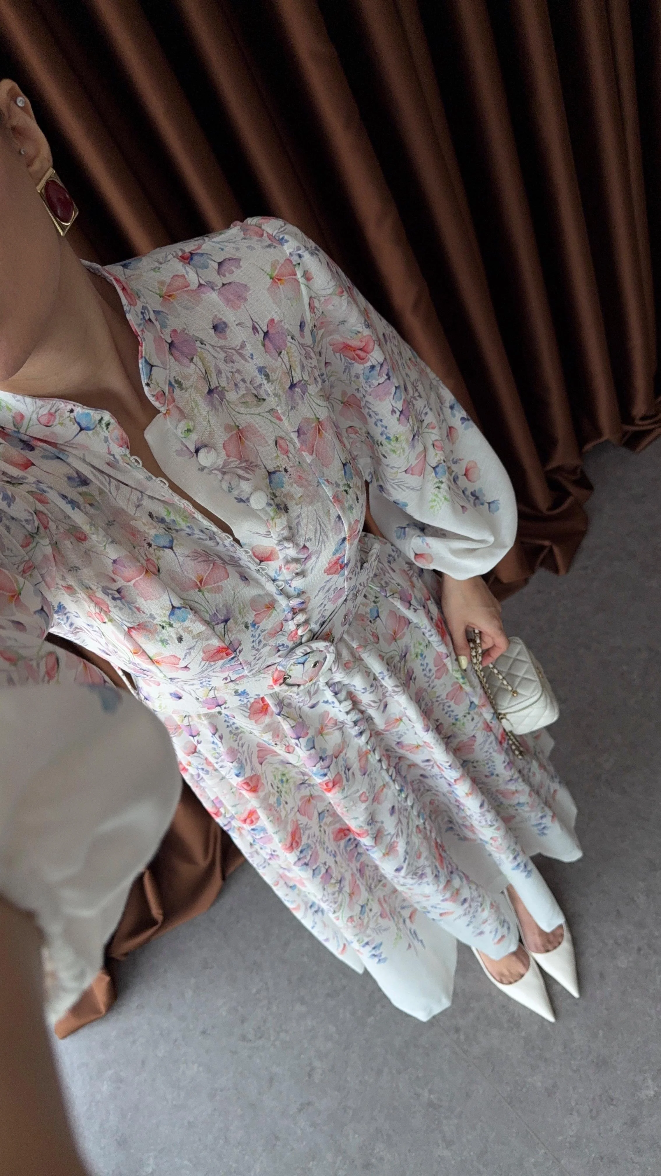 White Vintage Floral Linen Dress With Belt - Image 3